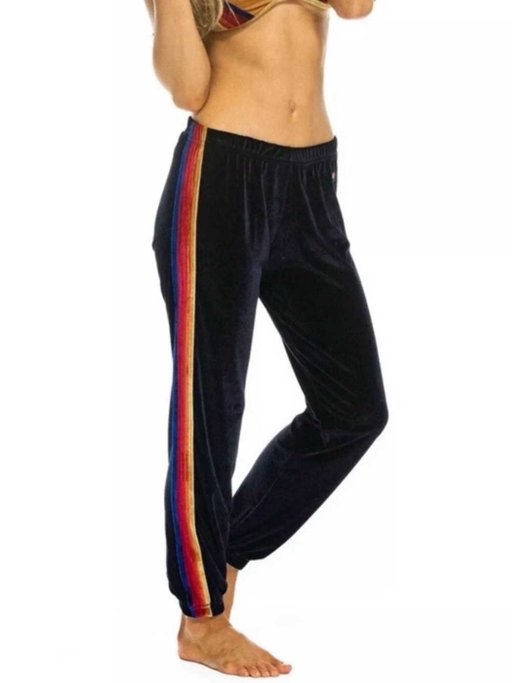 Aviator Nation Black Velour Joggers with Rainbow Side Stripe